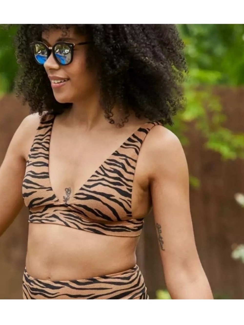 Aerie Pique Animal Print Triangle Bikini Top- Brown Zebra | L